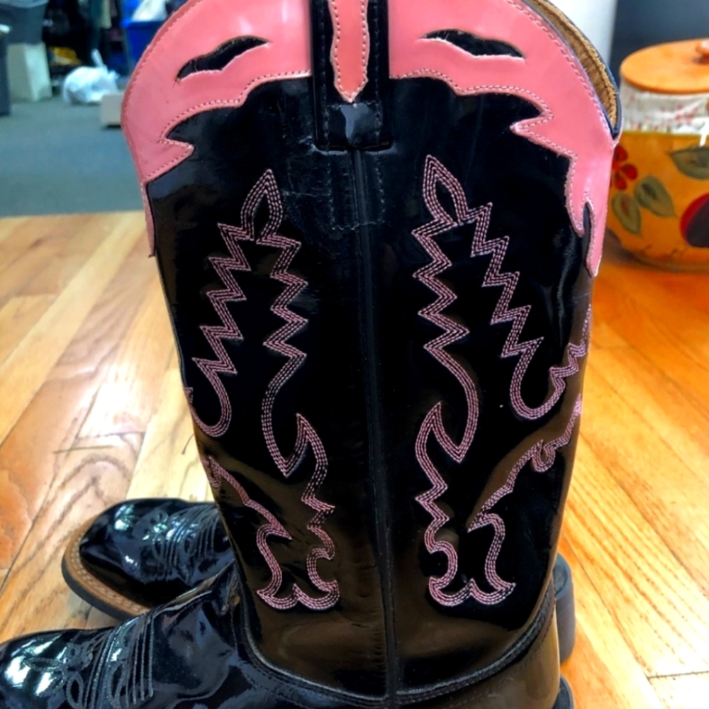 Old West Black Patent Square Toe Boots Sz 8.5